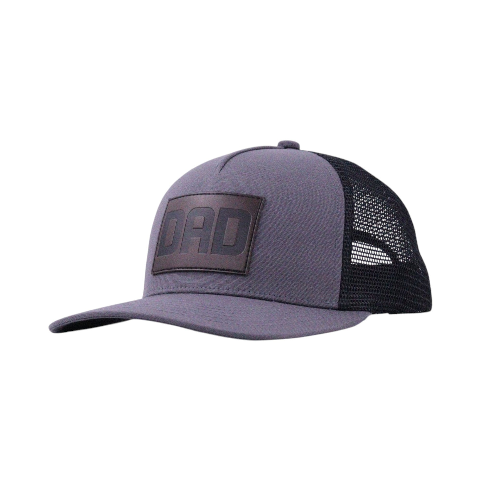 Gray cap with black mesh back and 'DAD' patch on a white background