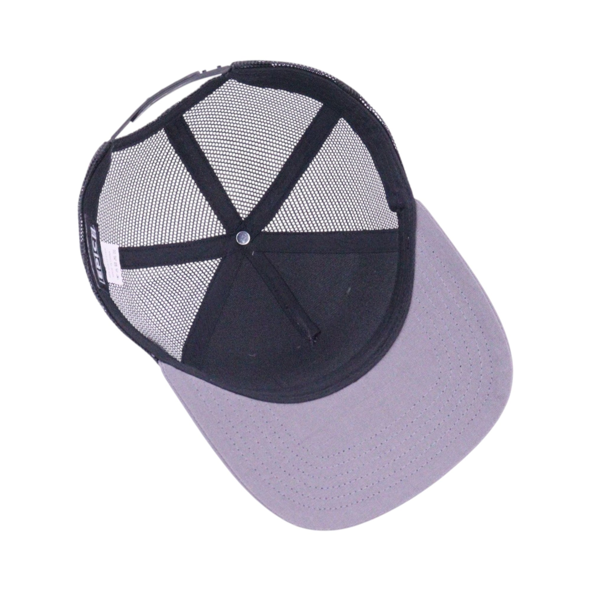Gray and black cap with mesh back on a white background
