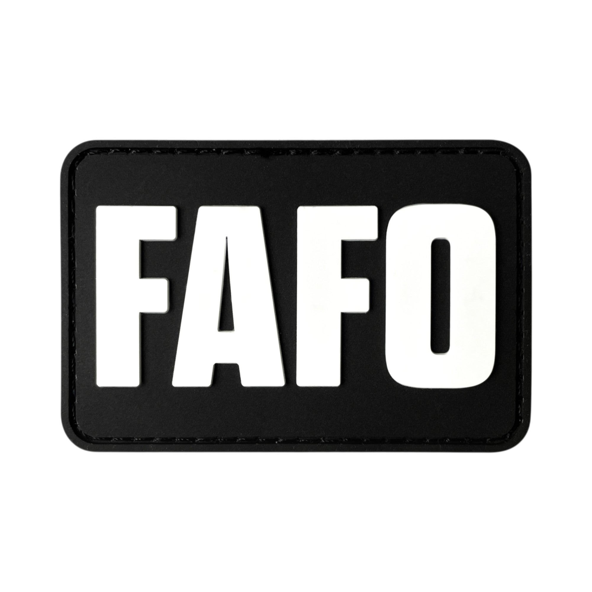 Rectangular black PVC morale patch featuring the acronym "FAFO" in bold white block letters, styled as a parody of a well-known industrial automation logo.