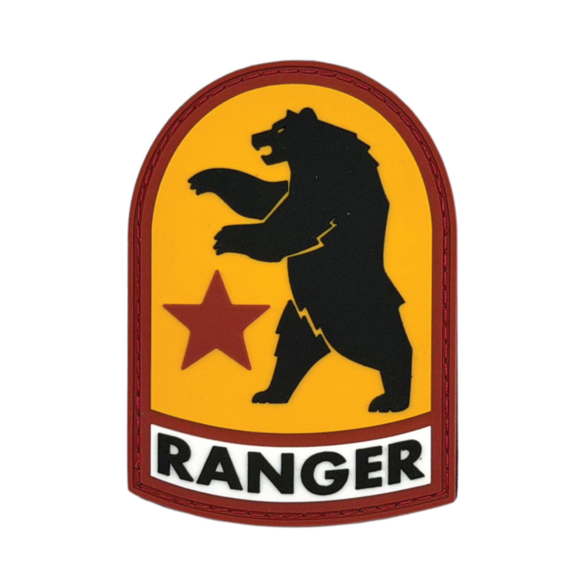Shield-shaped PVC morale patch featuring the Fallout NCR two-headed bear silhouette and a red star on a yellow background, with a white banner reading "RANGER" at the bottom.