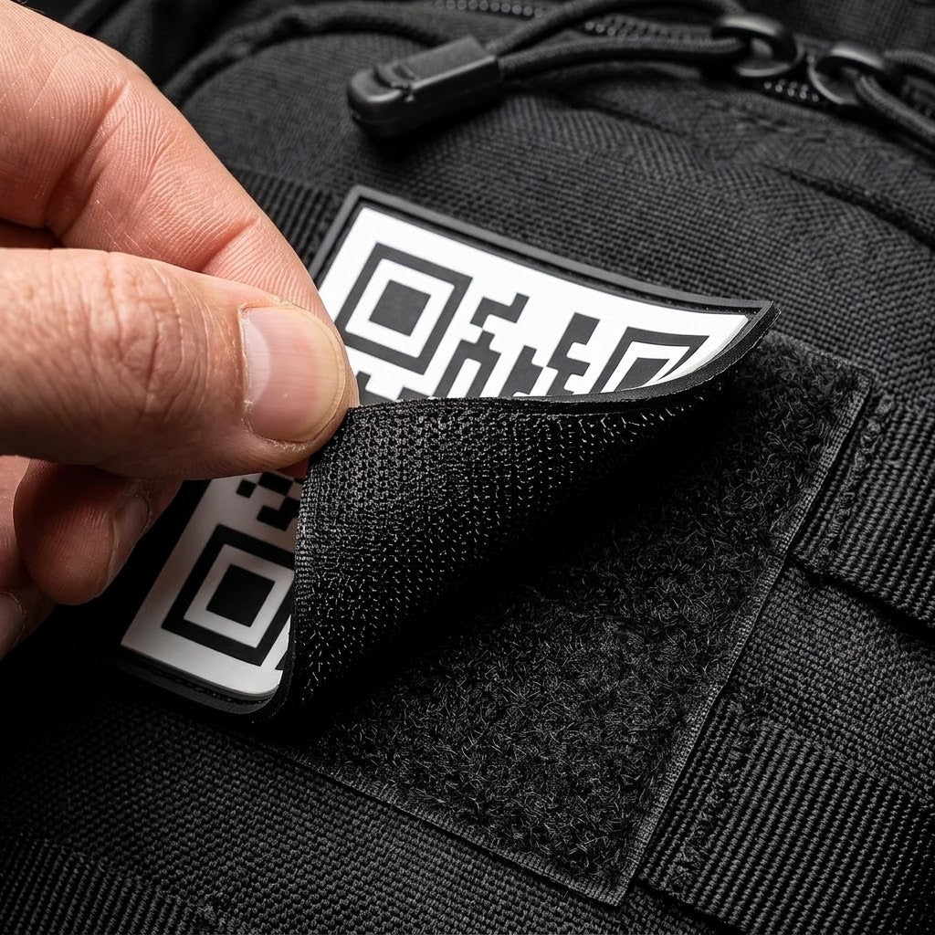A close-up of a hand peeling back a black textured patch with a Rick Roll QR code from a black tactical bag or backpack.