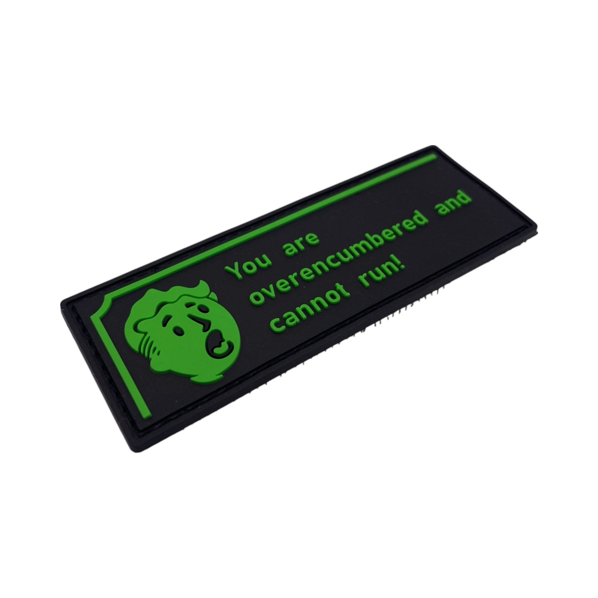 Black rectangular PVC morale patch featuring bright green text that reads "You are overencumbered and cannot run!" next to an exhausted retro cartoon gamer face.