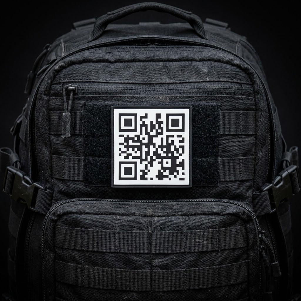 Black and white square PVC morale patch with a scannable Rick Roll QR code on a black tactical backpack with molle webbing