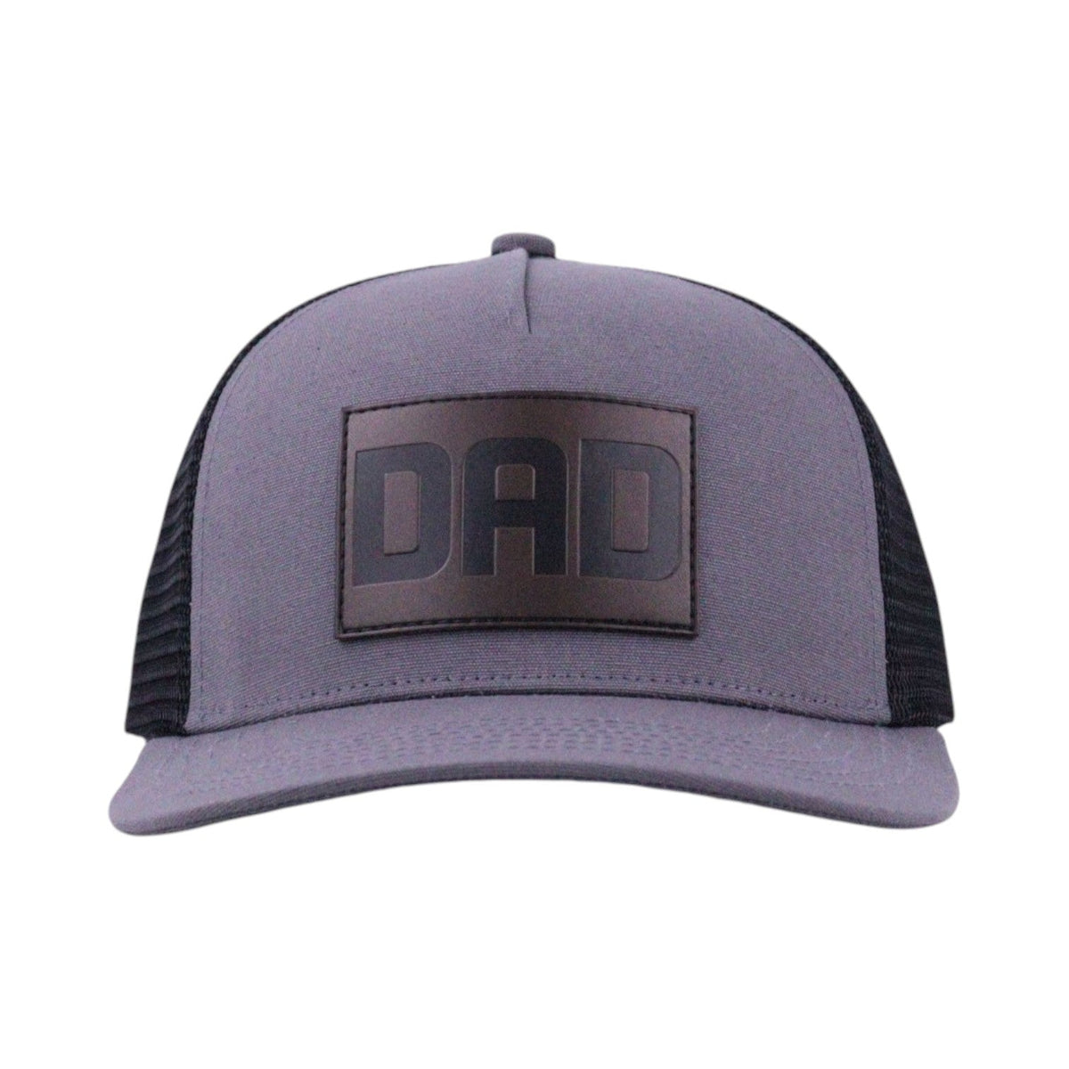 Gray and black trucker hat with a DAD patch on a white background