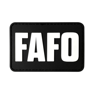 Rectangular black PVC morale patch featuring the acronym "FAFO" in bold white block letters, styled as a parody of a well-known industrial automation logo.