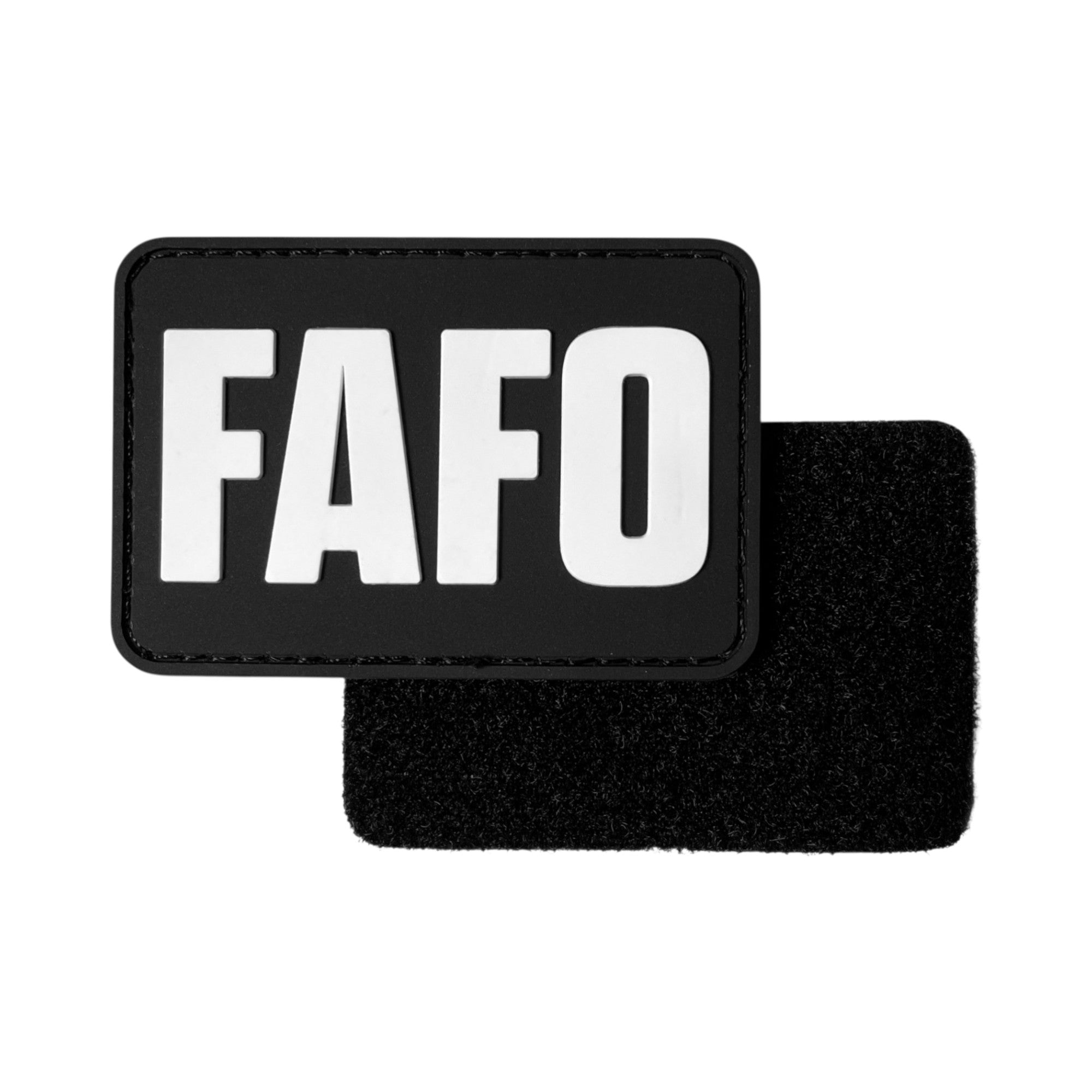 Rectangular black PVC morale patch featuring the acronym "FAFO" in bold white block letters, styled as a parody of a well-known industrial automation logo.