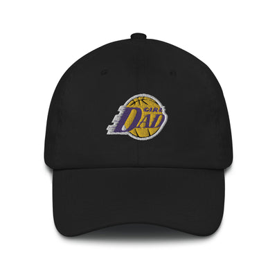 Front view of a black adjustable baseball hat with a purple and gold embroidered basketball logo featuring 'Girl Dad' text, inspired by Kobe Bryant's legacy.