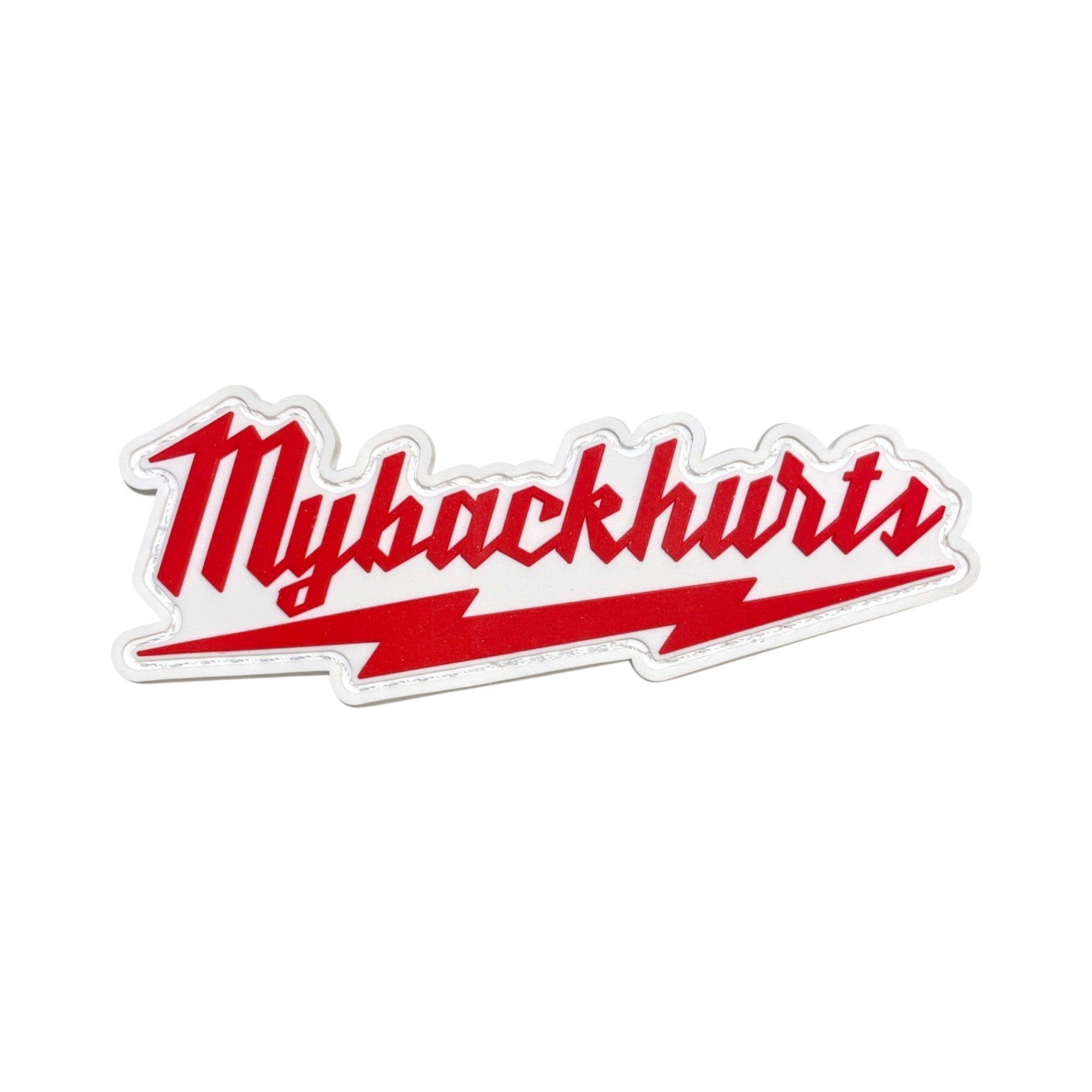 Red and white PVC morale patch featuring a parody of the Milwaukee Tool logo with the text "Mybackhurts" and a red lightning bolt underline on a white background.