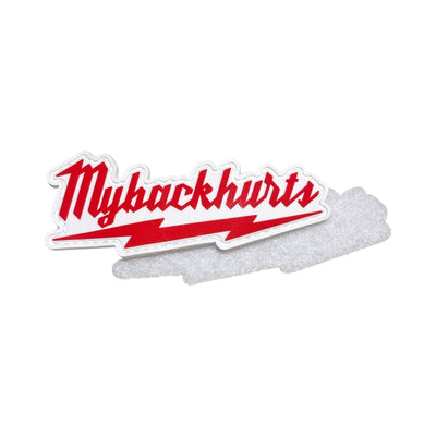 Red and white PVC morale patch featuring a parody of the Milwaukee Tool logo with the text "Mybackhurts" and a red lightning bolt underline on a white background.