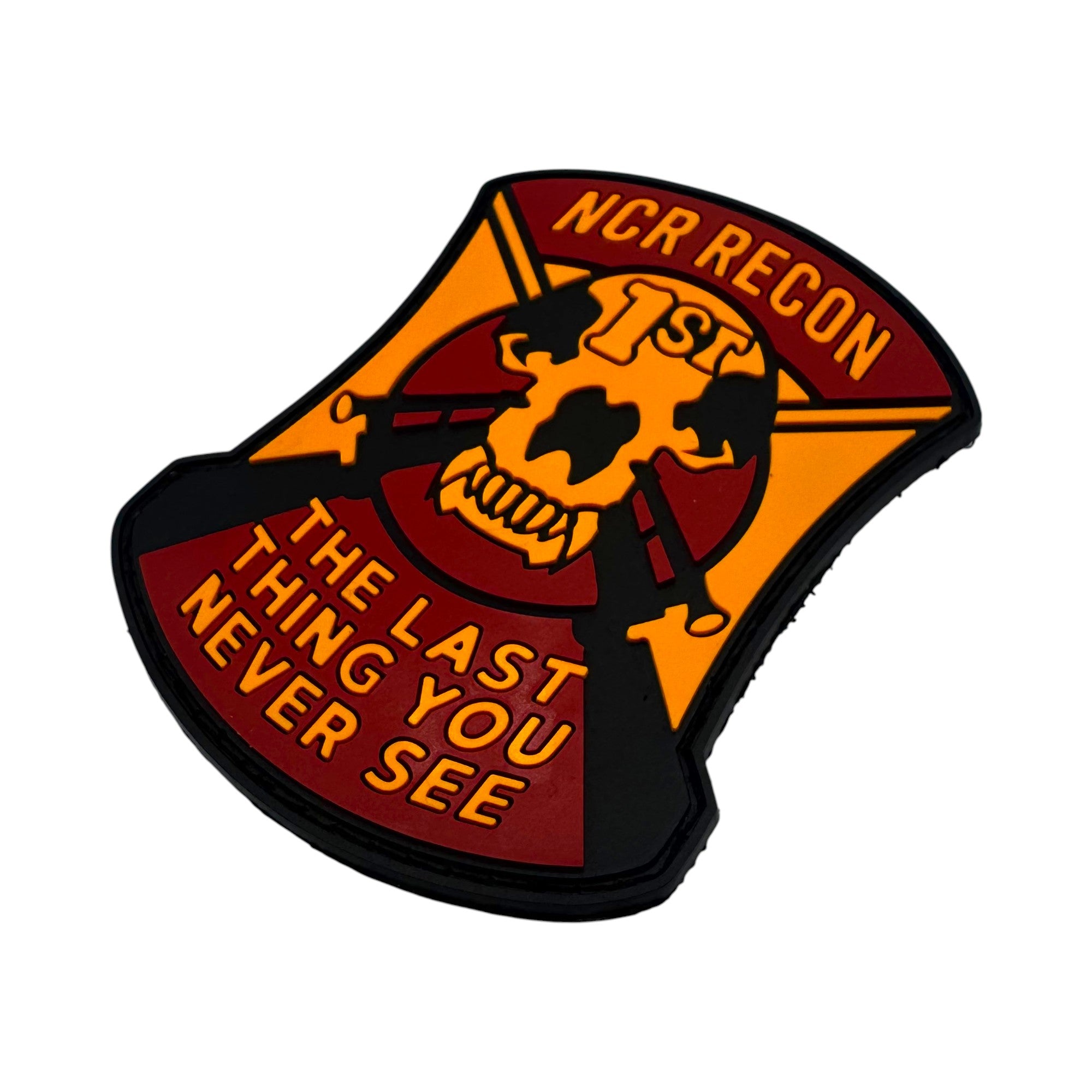 Tactical morale patch featuring the NCR Recon insignia and the iconic sniper motto "The Last Thing You Never See"