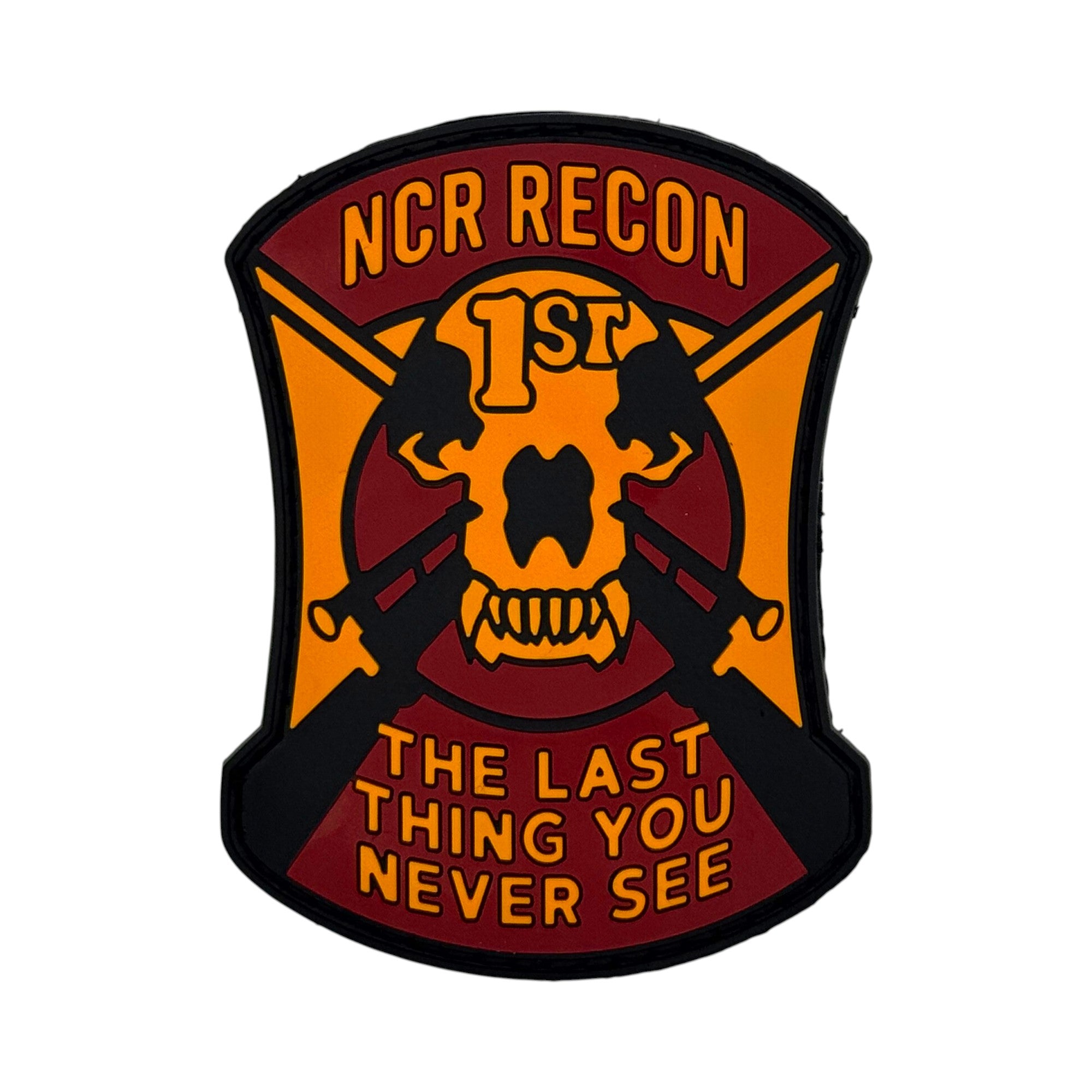 Tactical morale patch featuring the NCR Recon insignia and the iconic sniper motto "The Last Thing You Never See"
