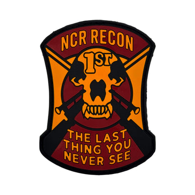 Tactical morale patch featuring the NCR Recon insignia and the iconic sniper motto "The Last Thing You Never See"