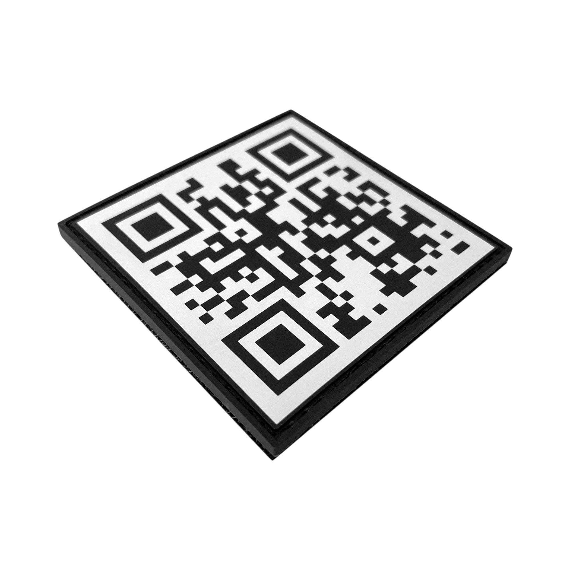 Black and white square PVC morale patch featuring a fully scannable Rick Roll QR code with a raised black border.