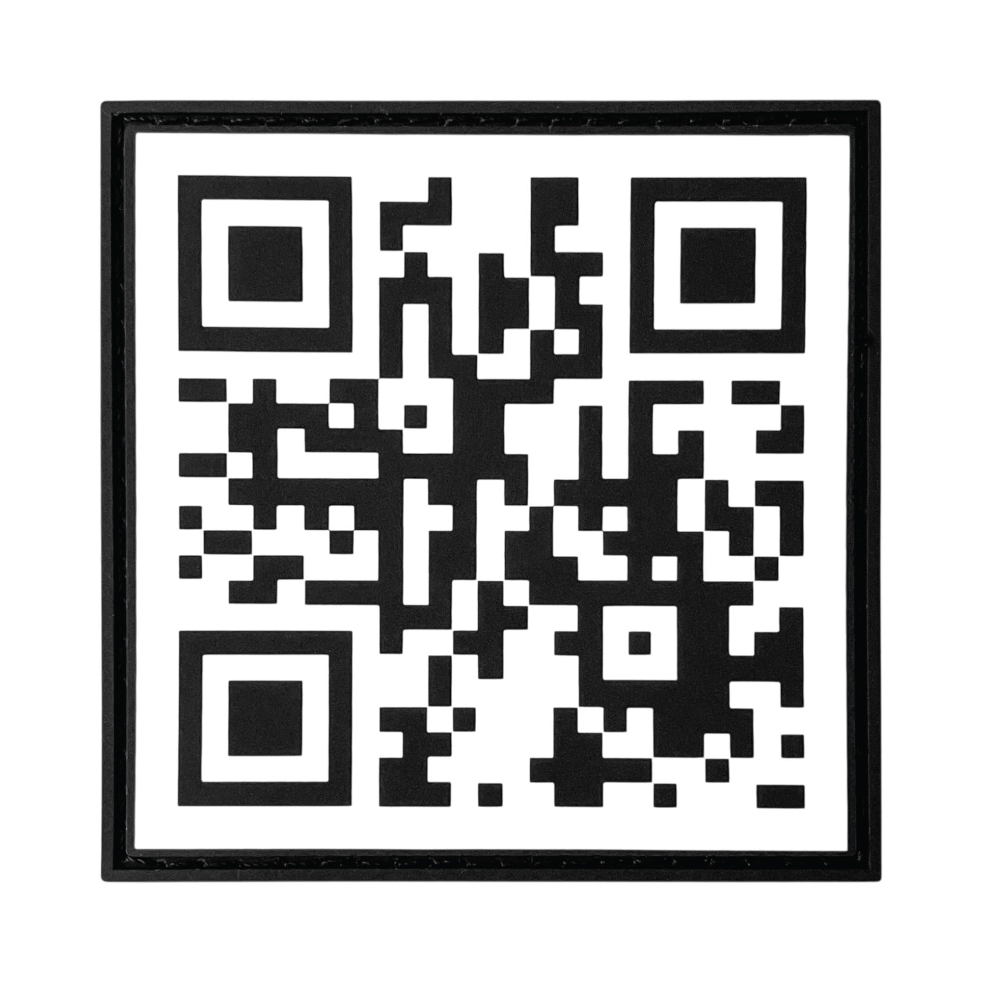 Black and white square PVC morale patch featuring a fully scannable Rick Roll QR code with a raised black border.