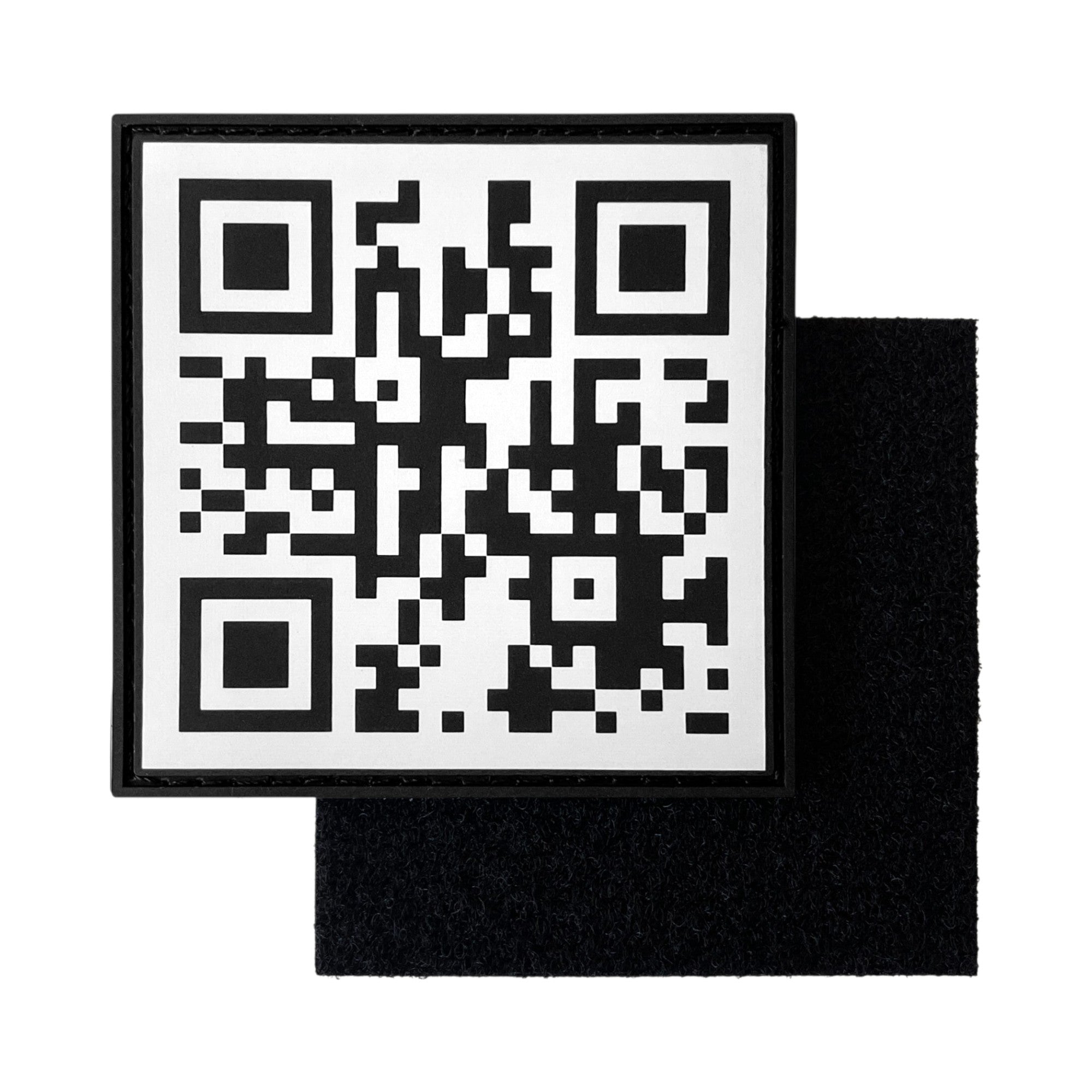 Black and white square PVC morale patch featuring a fully scannable Rick Roll QR code with a raised black border.
