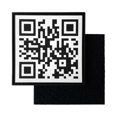 Black and white square PVC morale patch featuring a fully scannable Rick Roll QR code with a raised black border.